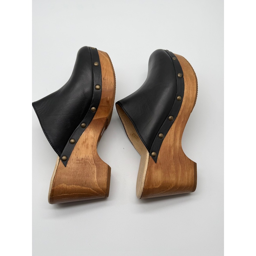 Anthropologie Five Worlds Clogs Sz 10 Black Leather Wood Platform Studded Mules